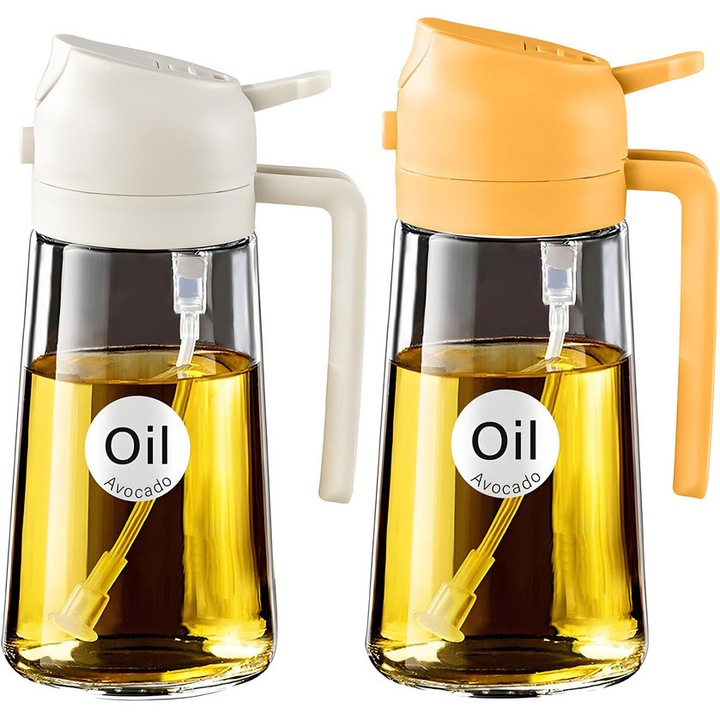 Dispenser ulei KedioPio 2 in 1, set 2 bucati, sticla 470ml, alb si portocaliu, pentru gatit, salate, prajit, gratar