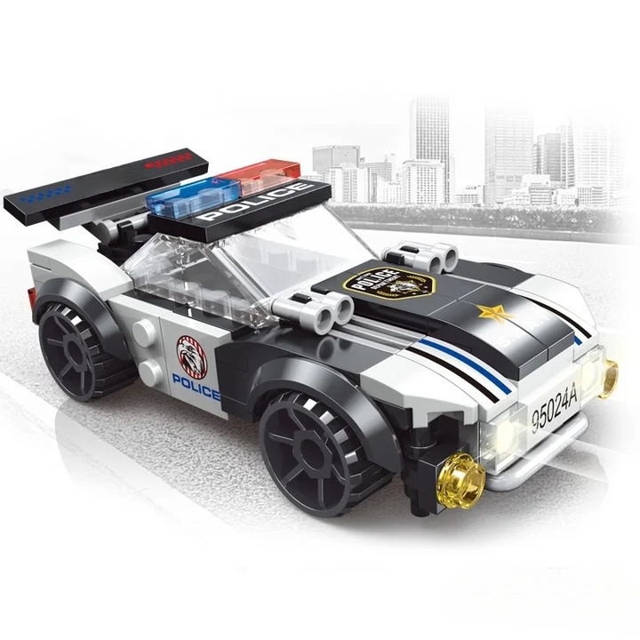 Blocuri de constructie auto de politie, 104 piese, usor de utilizat, model clasic, potrivit pentru copii cu varsta de 6 ani si peste, 6 ani 104
