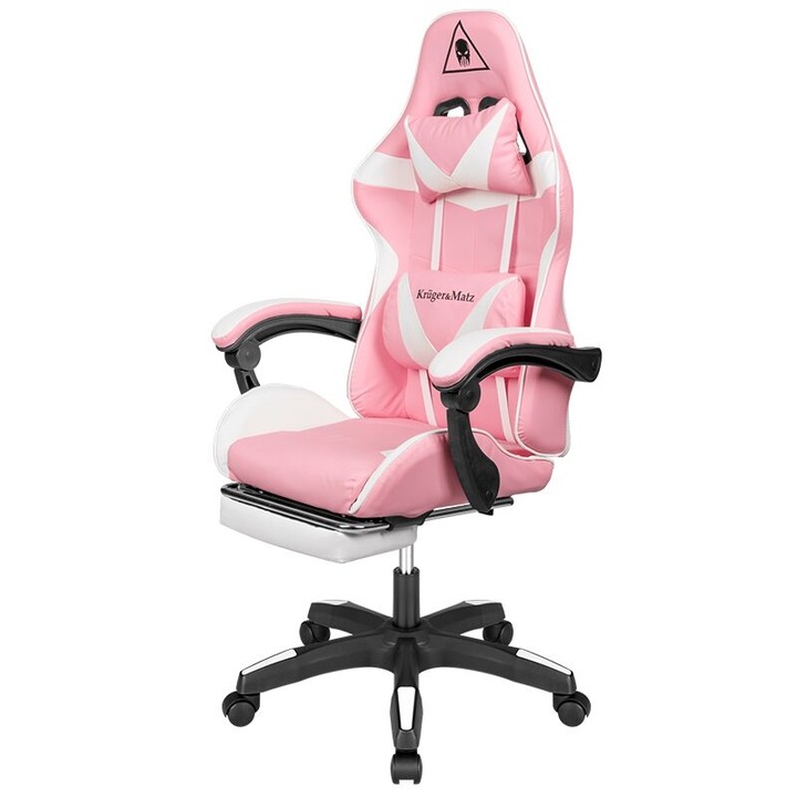 Gamer szék, Rózsaszín/Fehér, max. 150 kg, 2 db ülőpárna, 5 kerék, 145°-ban állítható háttámla, 42-52 cm között állítható ülésmagasság
