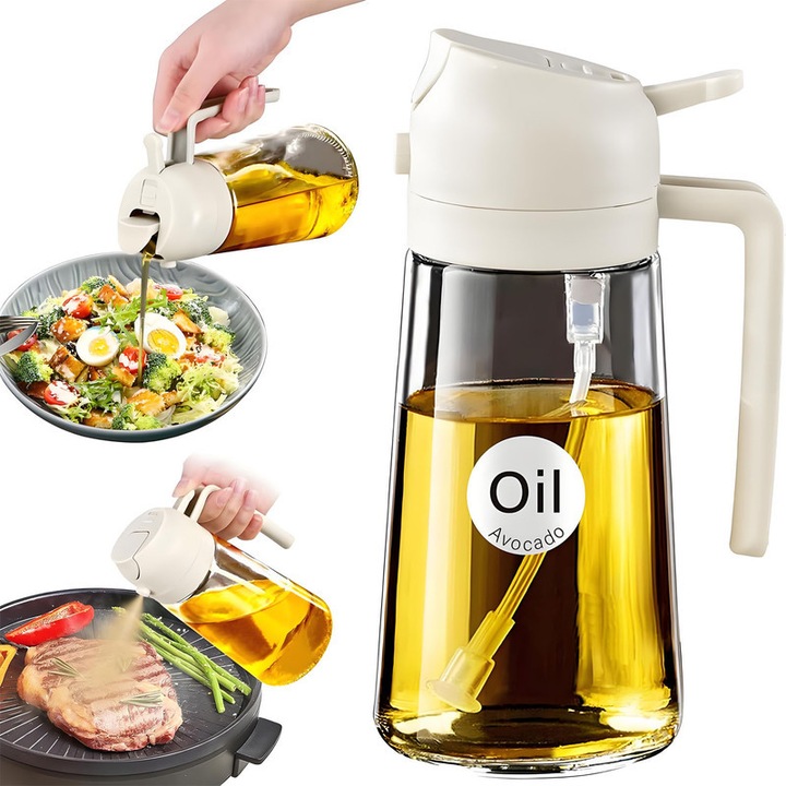 Dispenser ulei KedioPio 2 in 1, sticla 470ml, alb crem, pentru gatit si gratar