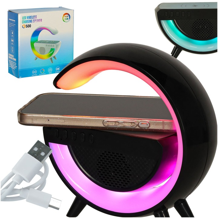 Lampa RGB cu incarcator inductiv, Luka, multifunctionala, neagra, 15x16x5,5cm, set cu cablu USB