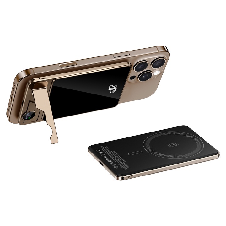 Безжична външна батерия, 5000mAh, 20W бързо зареждане, вградена стойка, златен цвят, размери 104x66x7.8 мм