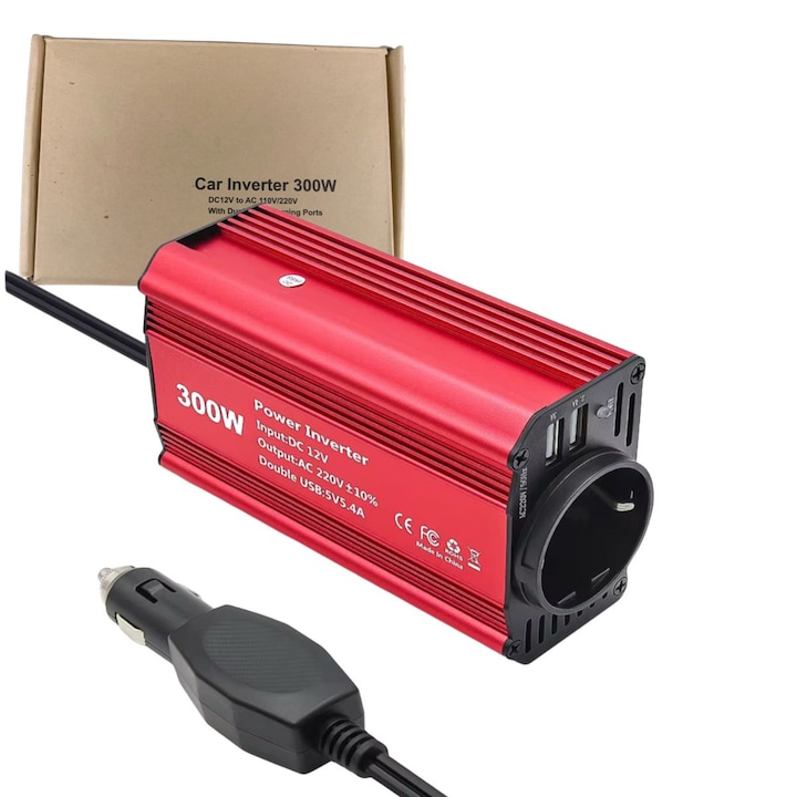 Invertor Auto 300W, 12V la 220V, cu Dublu USB 5V 4.8A, Incarcator Masina pentru Laptop, Telefon, iPad
