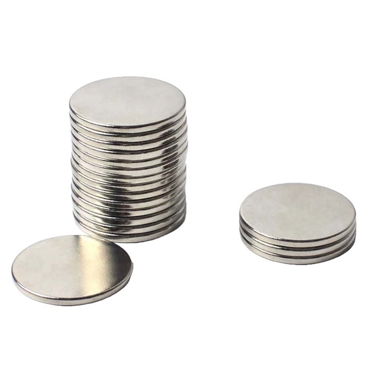 Set 20 Magneti Rotunzi, Foarte Puternici, Argintiu, Slim, Simplu, 15 mm X 2 mm, Dalimag