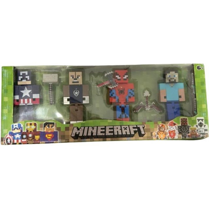 Комплект от 4 фигурки на Minecraft и супергерои, с аксесоари, 15 см, различни герои, многоцветни