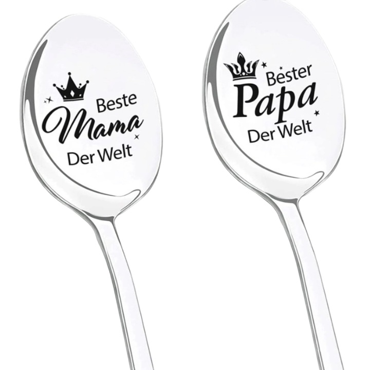 Комплект от 2 лъжички от неръждаема стомана с гравиране, дълги, сребърни, за родители, Коледа, годишнина, Великденски подарък