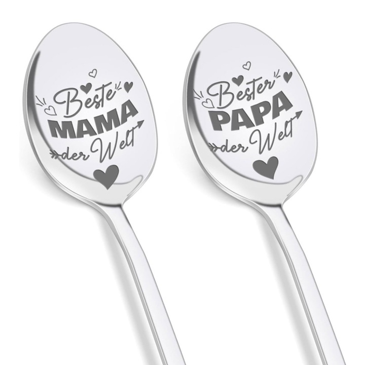Комплект от 2 лъжички от неръждаема стомана с гравиране, за родители, 19x3 см, сребърни