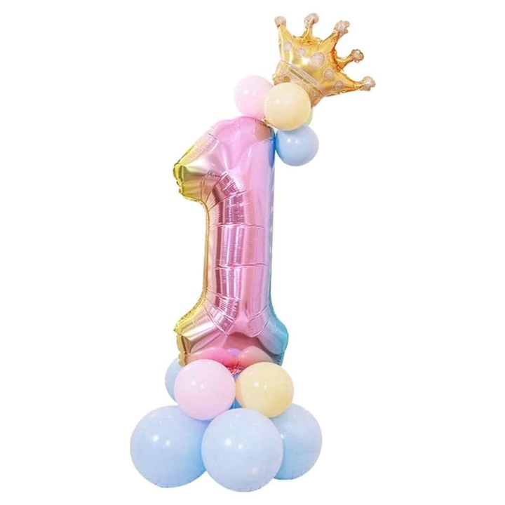 Комплект от 17 балона за първи рожден ден, пастелно розови балони, балони номер 1 с градиент 40 инча
