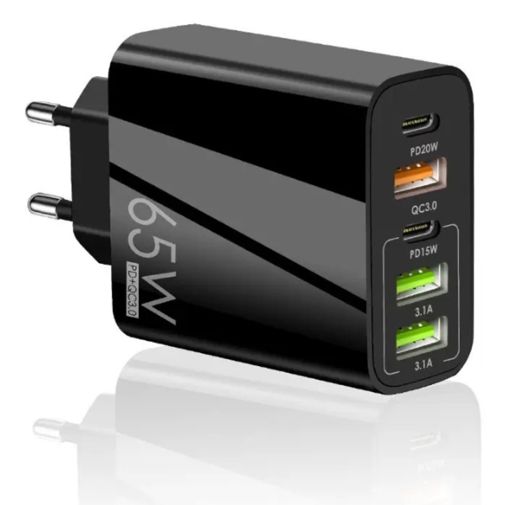 Incarcator rapid EJANBO 65W, negru, dimensiuni 97.9x55.3x28.4mm, multiple porturi