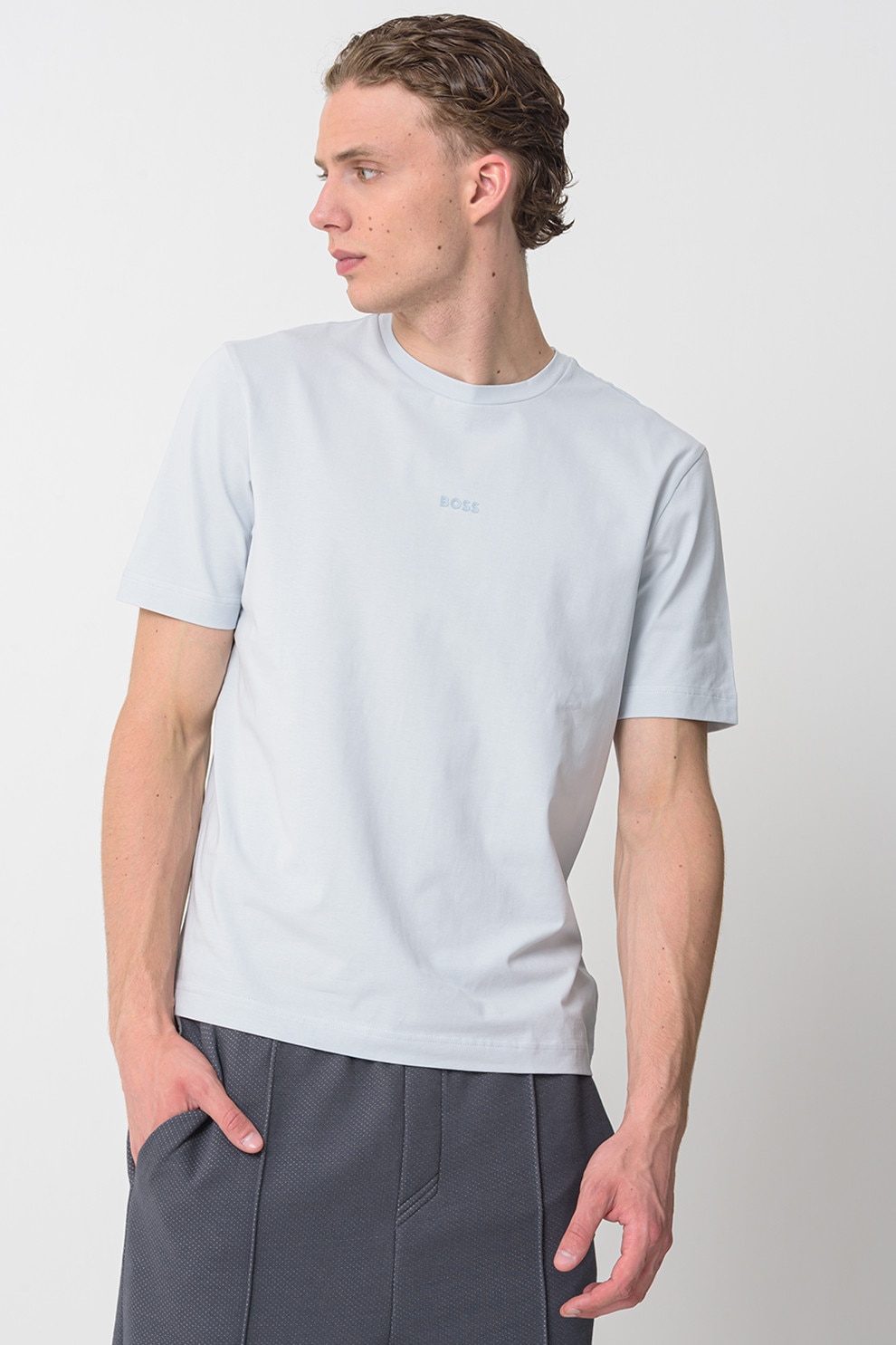 BOSS, Tricou lejer cu logo discret Chup, Albastru glaciar, XL