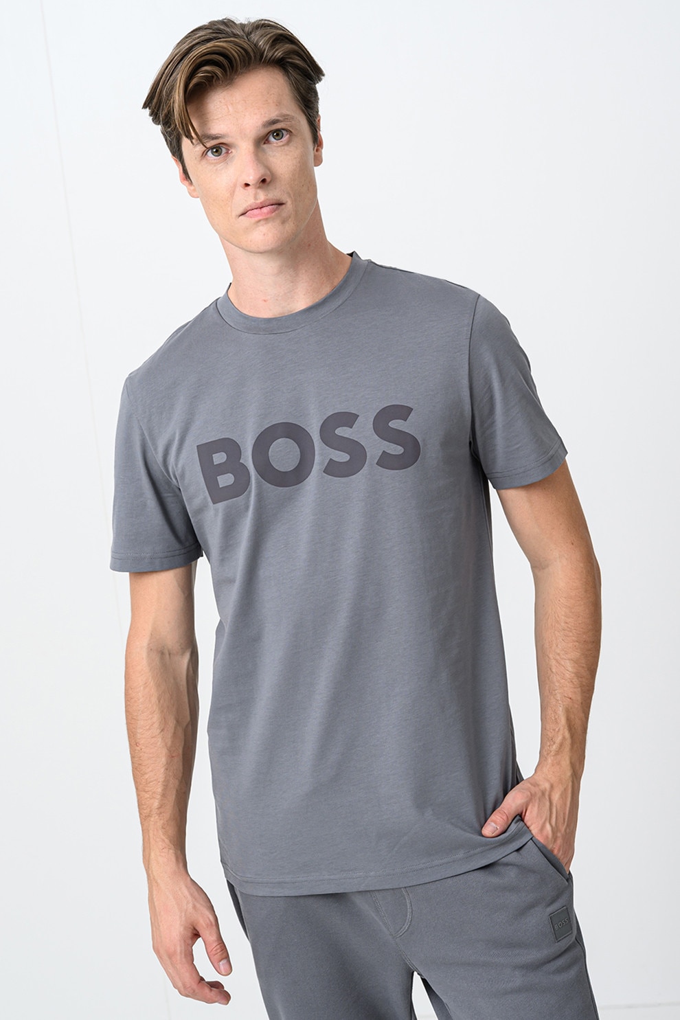 BOSS, Tricou cu imprimeu logo cauciucat Thinking, Negru stins, Gri inchis, L