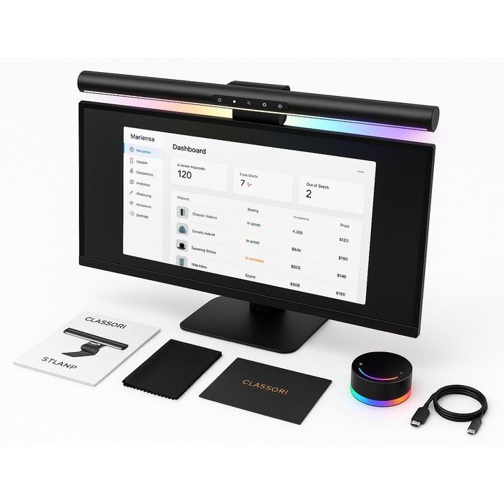 Настолна LED лампа CLASSORI® S5 S7 PLUS RGB, Предно и задно осветление, Регулируема температура 2800K-6500K, Защита за очите, Touch, Смарт дистанционно управление, USB Type-C, Дължина 48 см