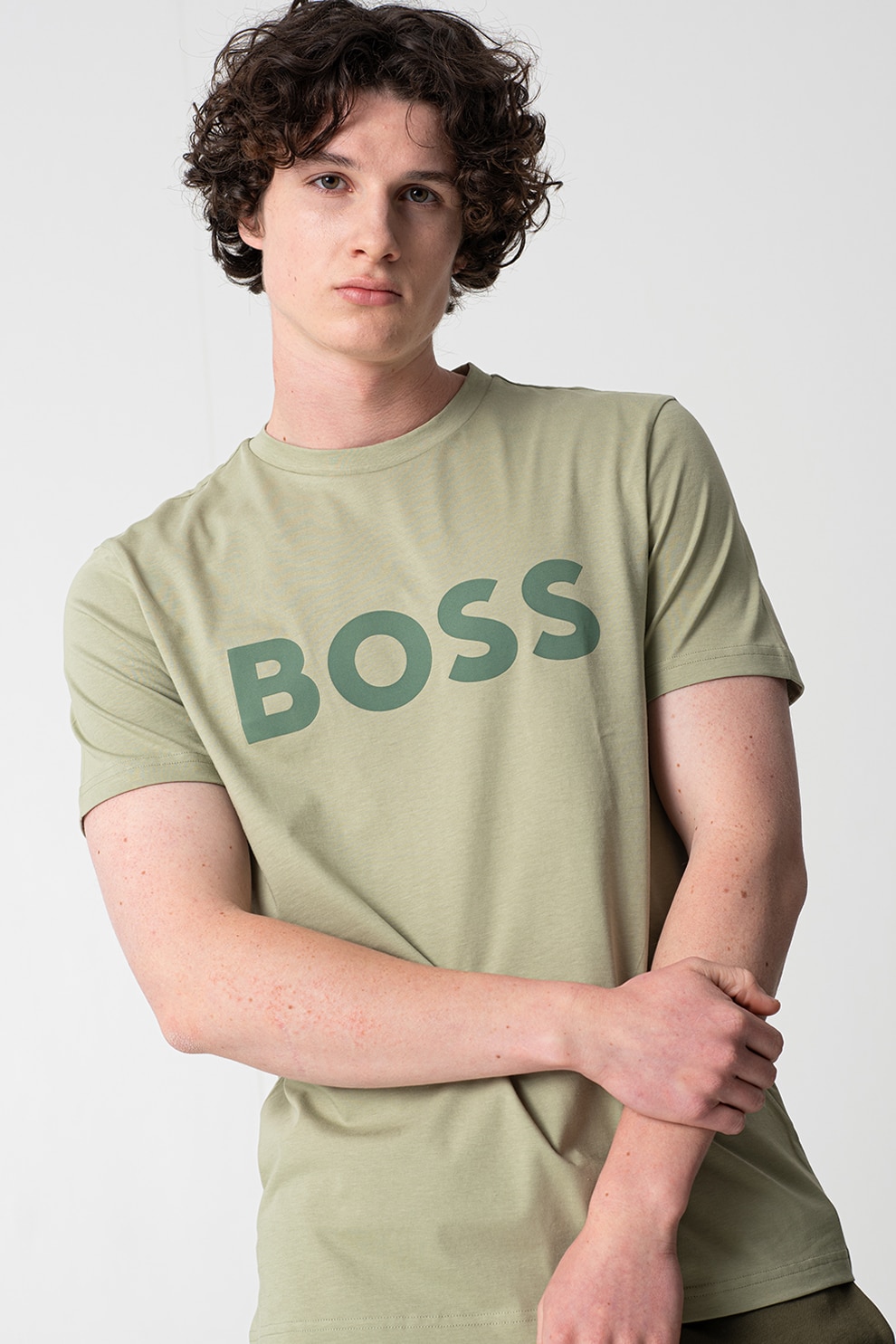 BOSS, Tricou cu imprimeu logo cauciucat Thinking, Verde pal, Verde aquamarin, S