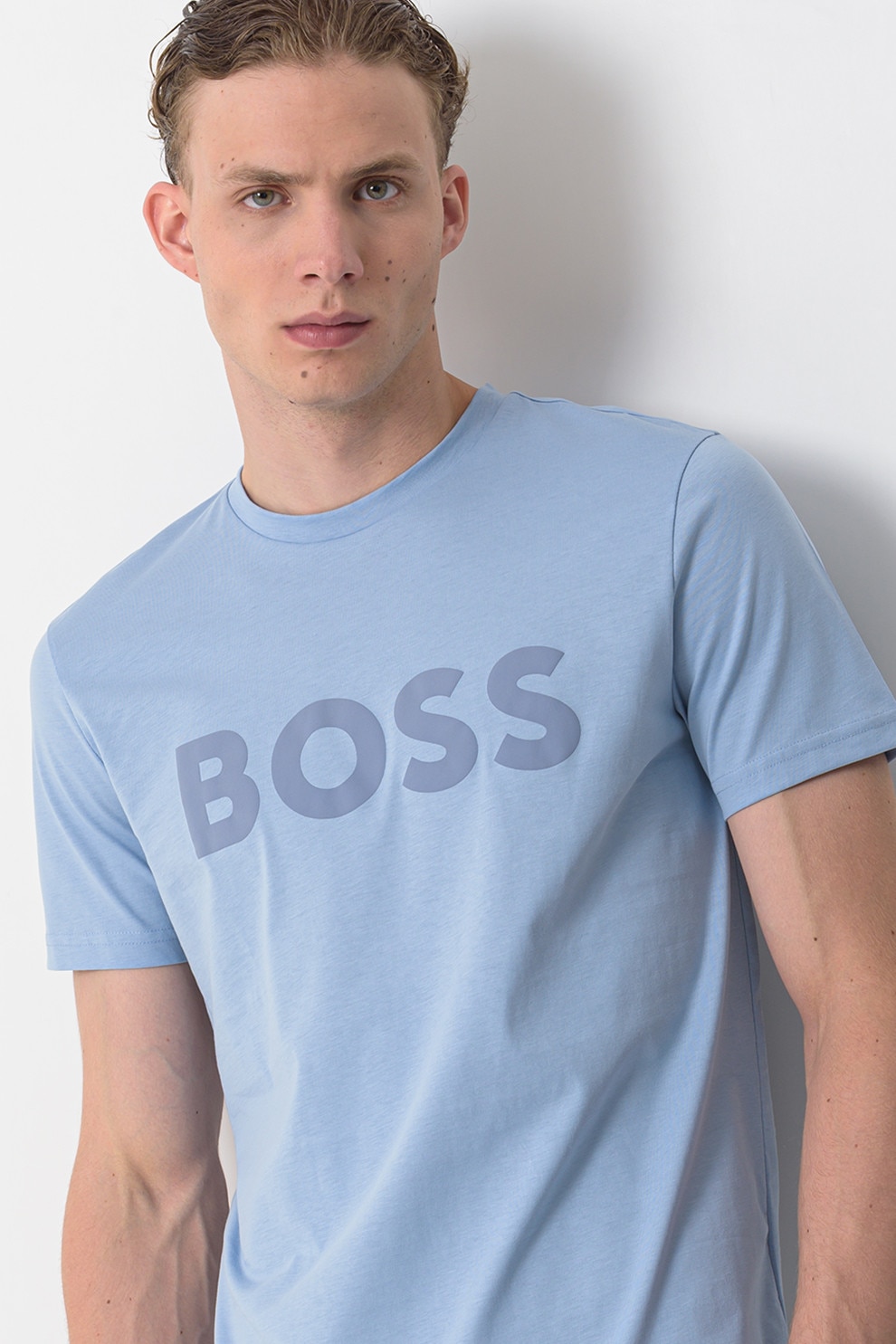 BOSS, Tricou cu imprimeu logo cauciucat Thinking, Albastru lavanda, Portocaliu mandarina, S