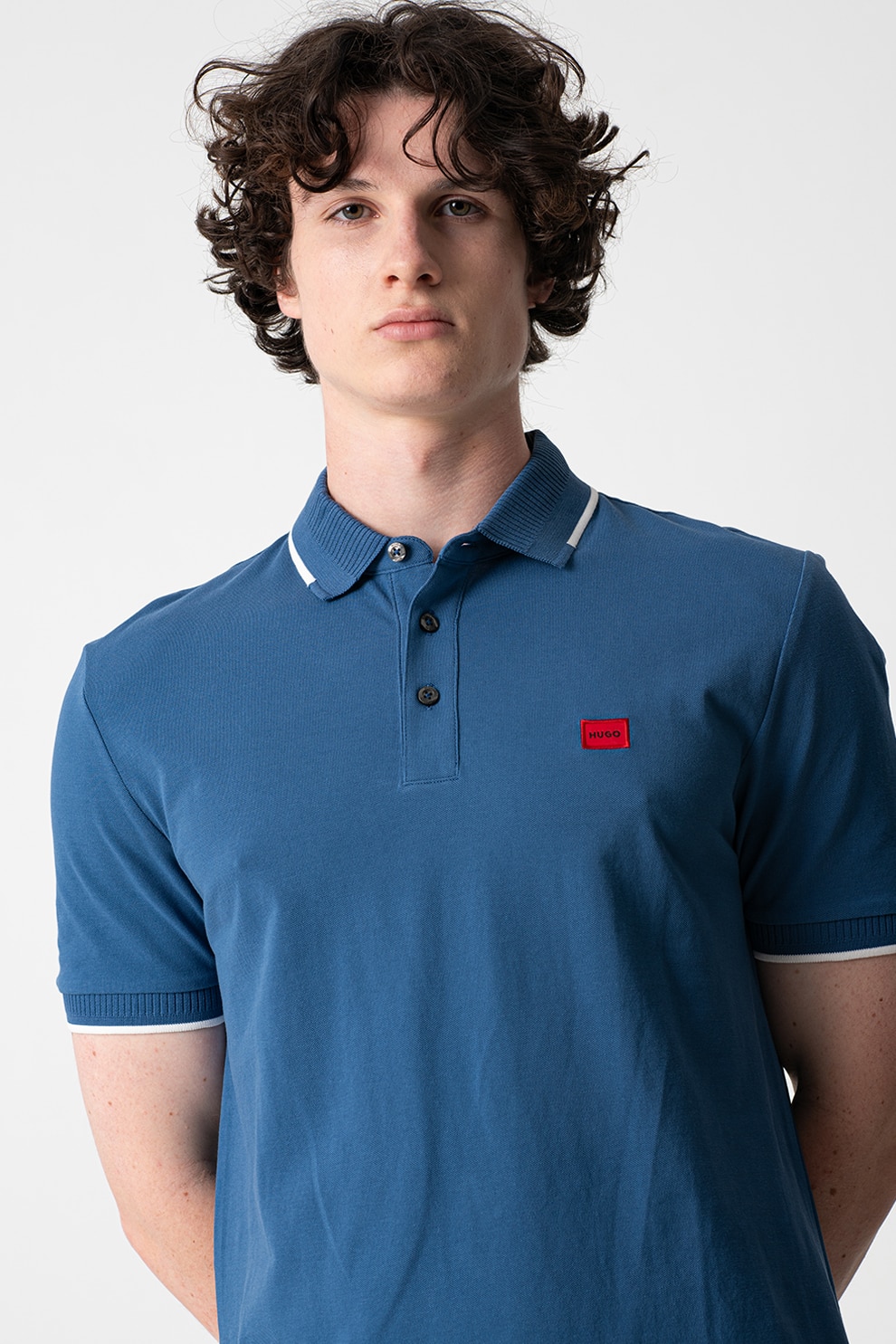 HUGO, Tricou polo slim fit Deresino, Rosu, Albastru pastel, M