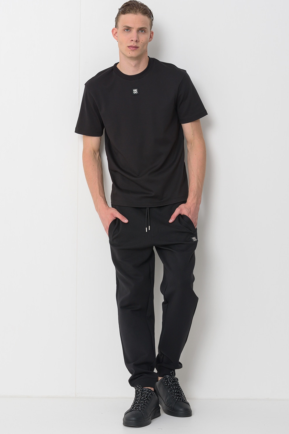 HUGO, Tricou de bumbac cu decolteu la baza gatului Dalile, Negru stins, 2XL