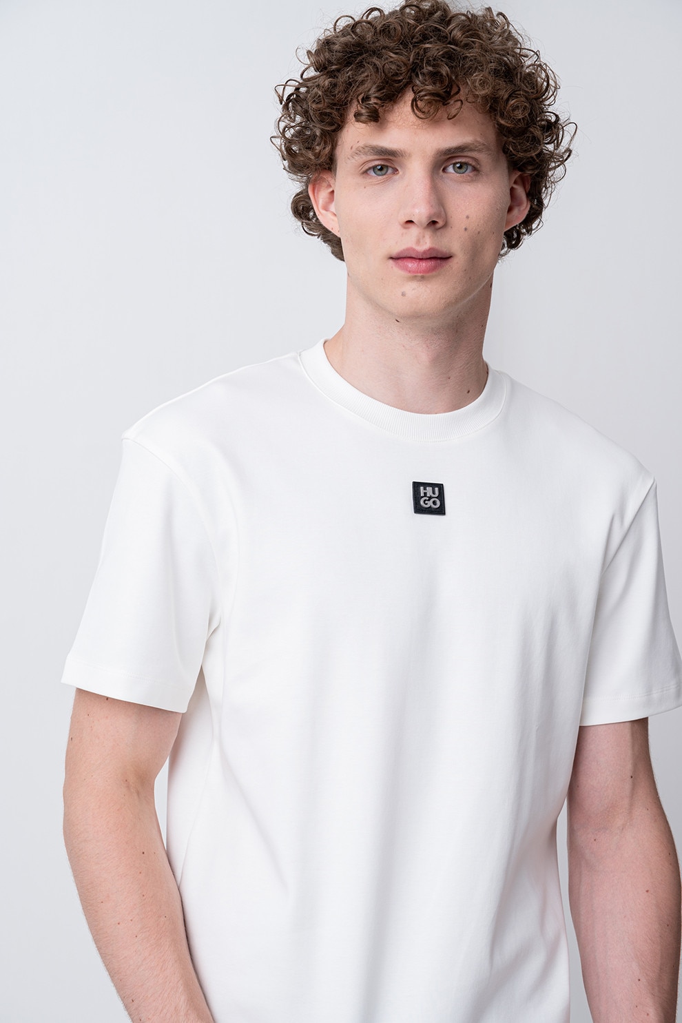 HUGO, Tricou de bumbac cu decolteu la baza gatului Dalile, Alb, L