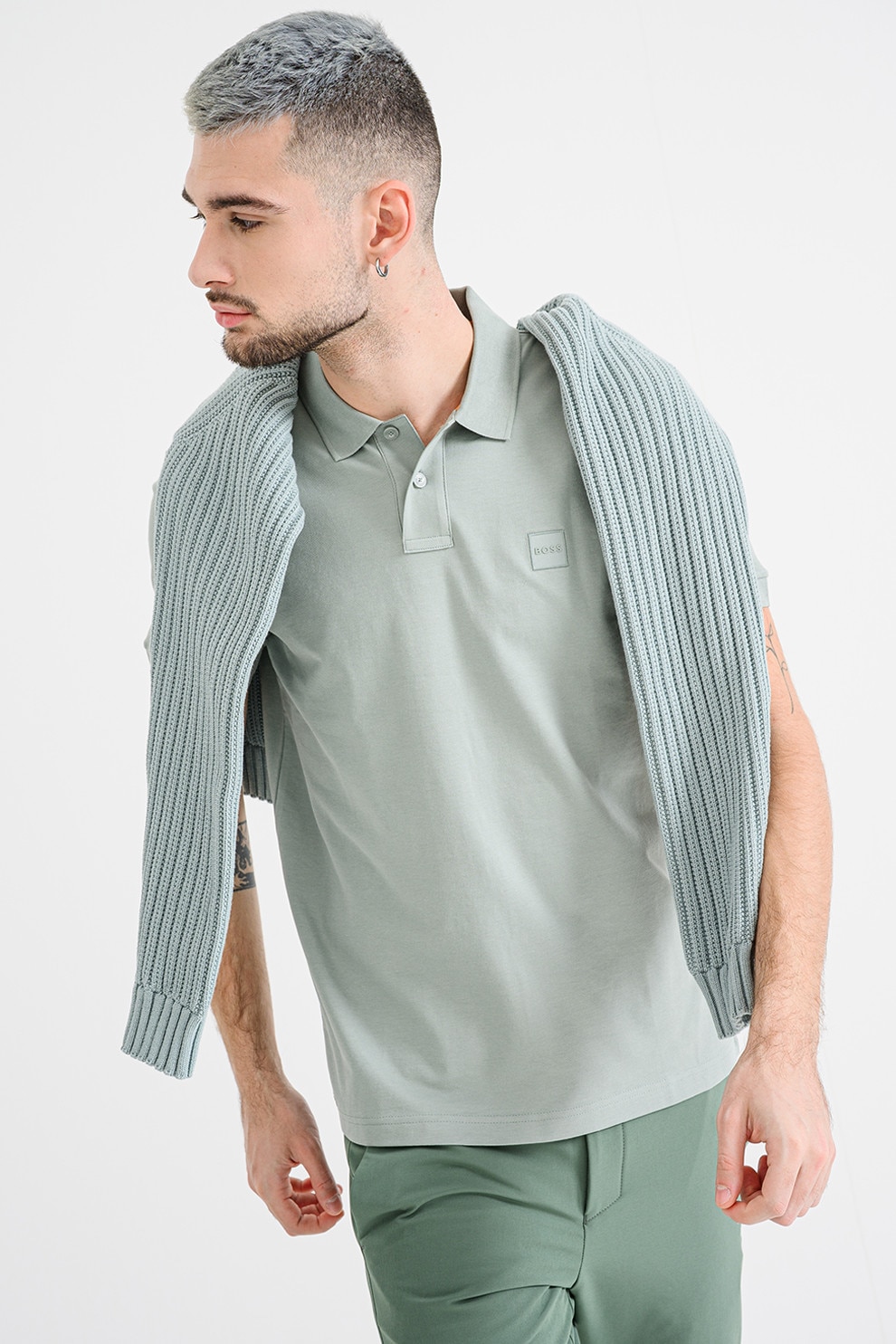 BOSS, Tricou polo slim fit Passenger, Verde melange, L