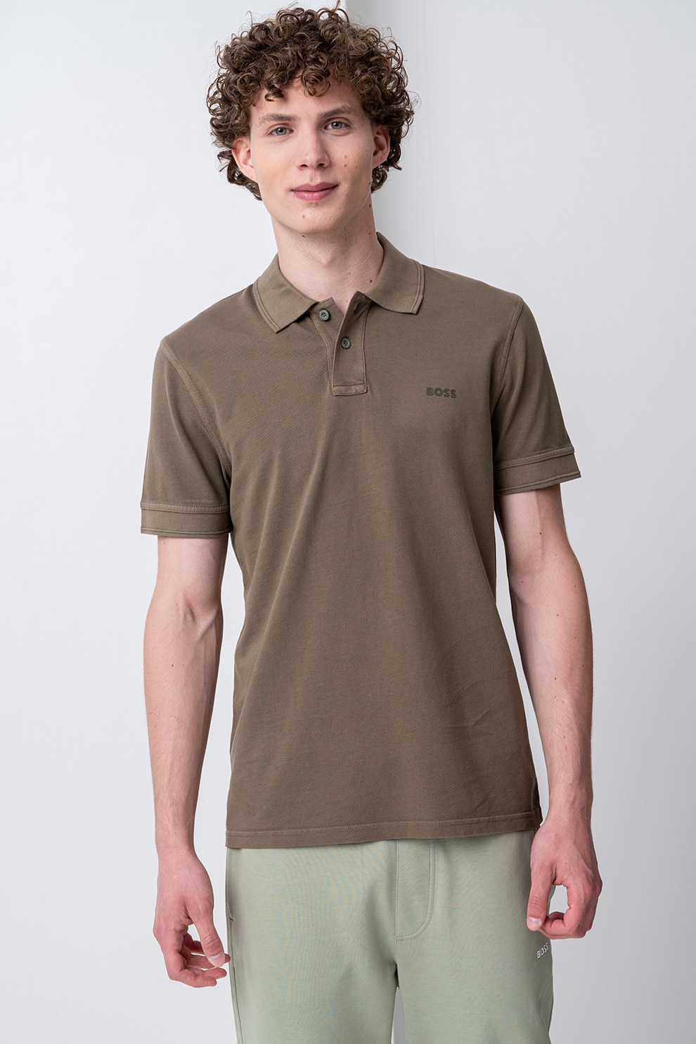 BOSS, Tricou polo de bumbac pique Prime, Kaki, 2XL