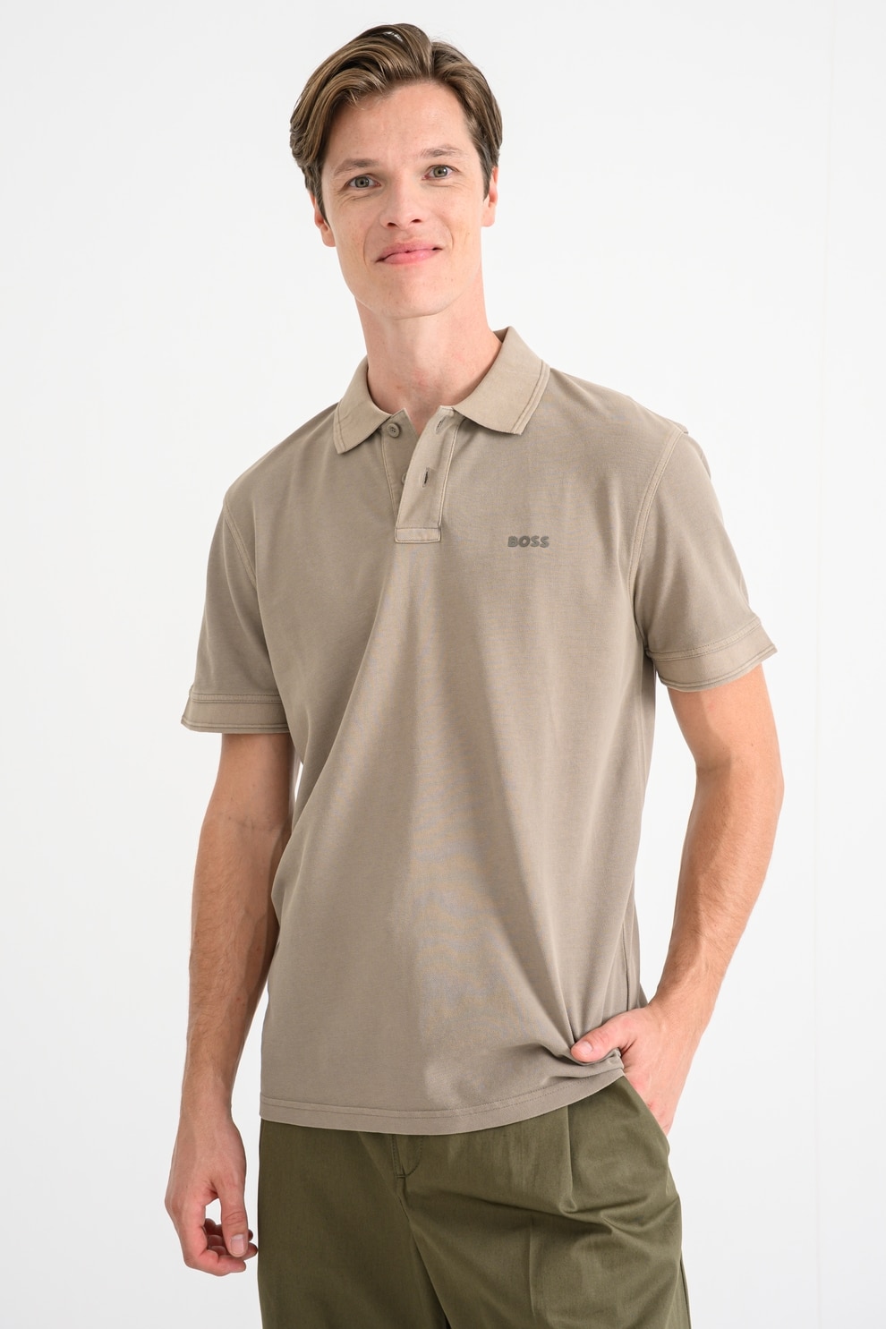 BOSS, Tricou polo de bumbac pique Prime, Verde masliniu, M