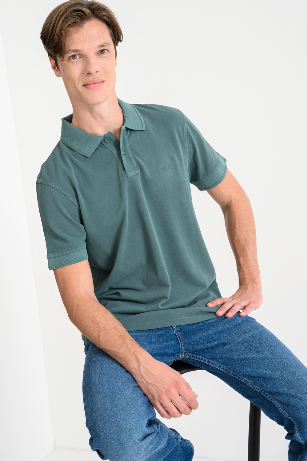 BOSS, Tricou polo de bumbac pique Prime, Verde, 2XL