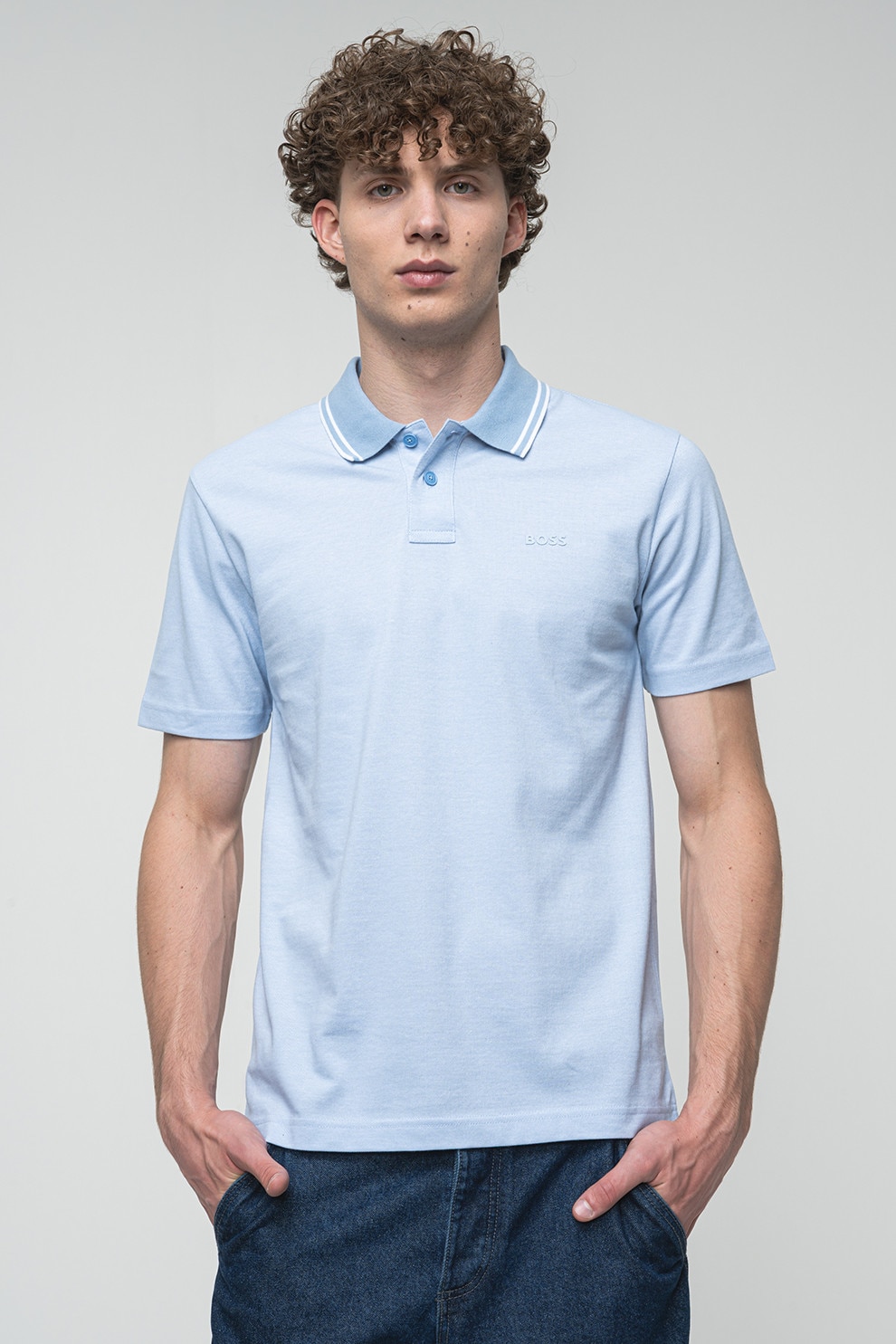 BOSS, Tricou polo relaxed fit Peoxford, Albastru deschis, M