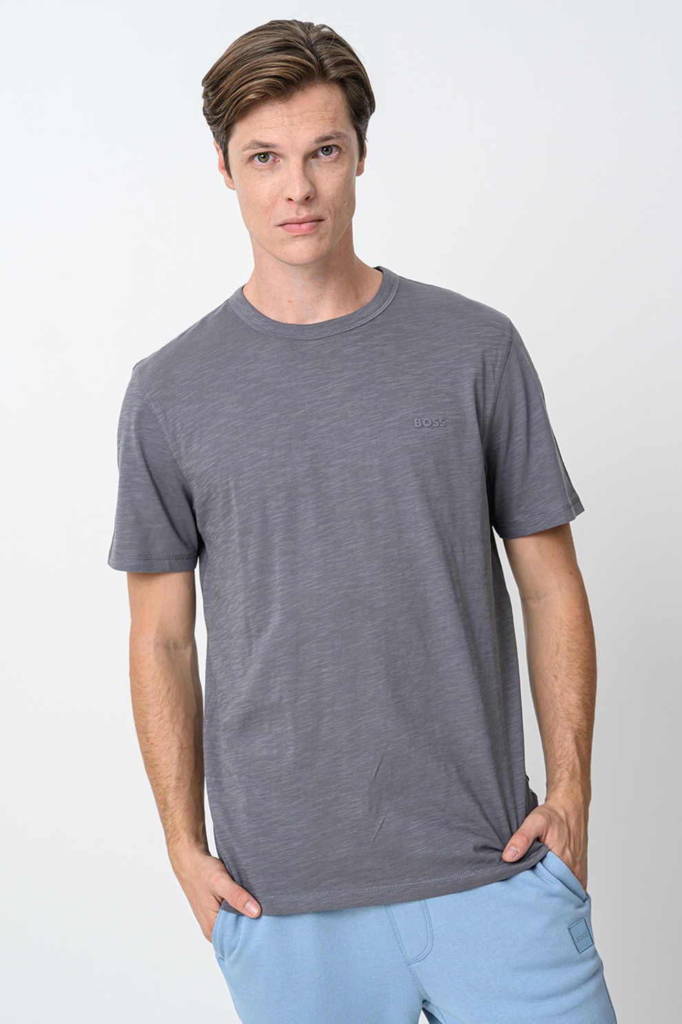 BOSS, Tricou slim fit din bumbac Tegood, Gri cenusiu, Gri inchis, 2XL