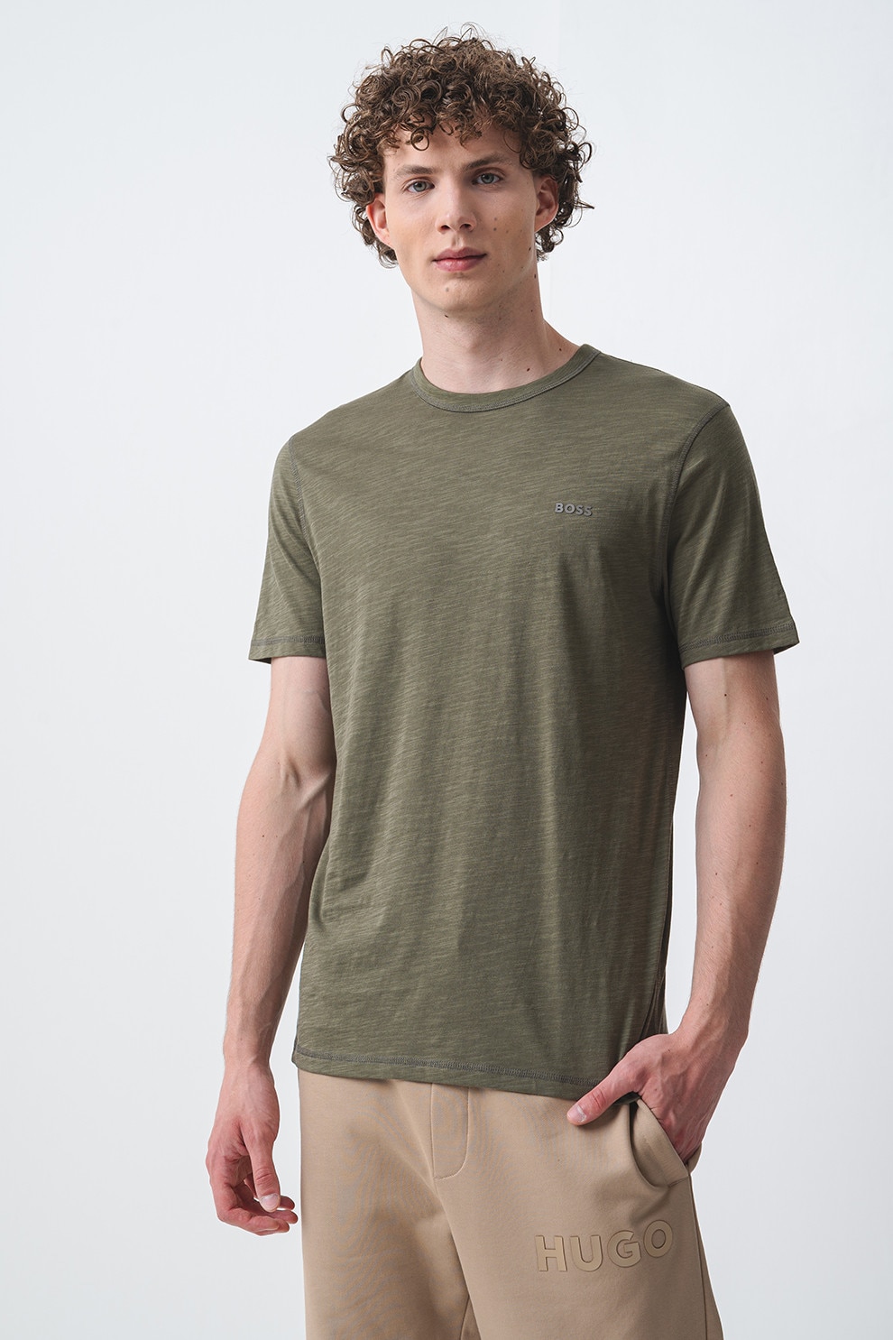BOSS, Tricou slim fit din bumbac Tegood, Verde melange, Verde sparanghel, M