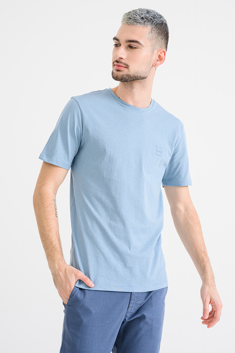 BOSS, Tricou din bumbac Tales, Albastru pastel, Albastru petrol, XXL