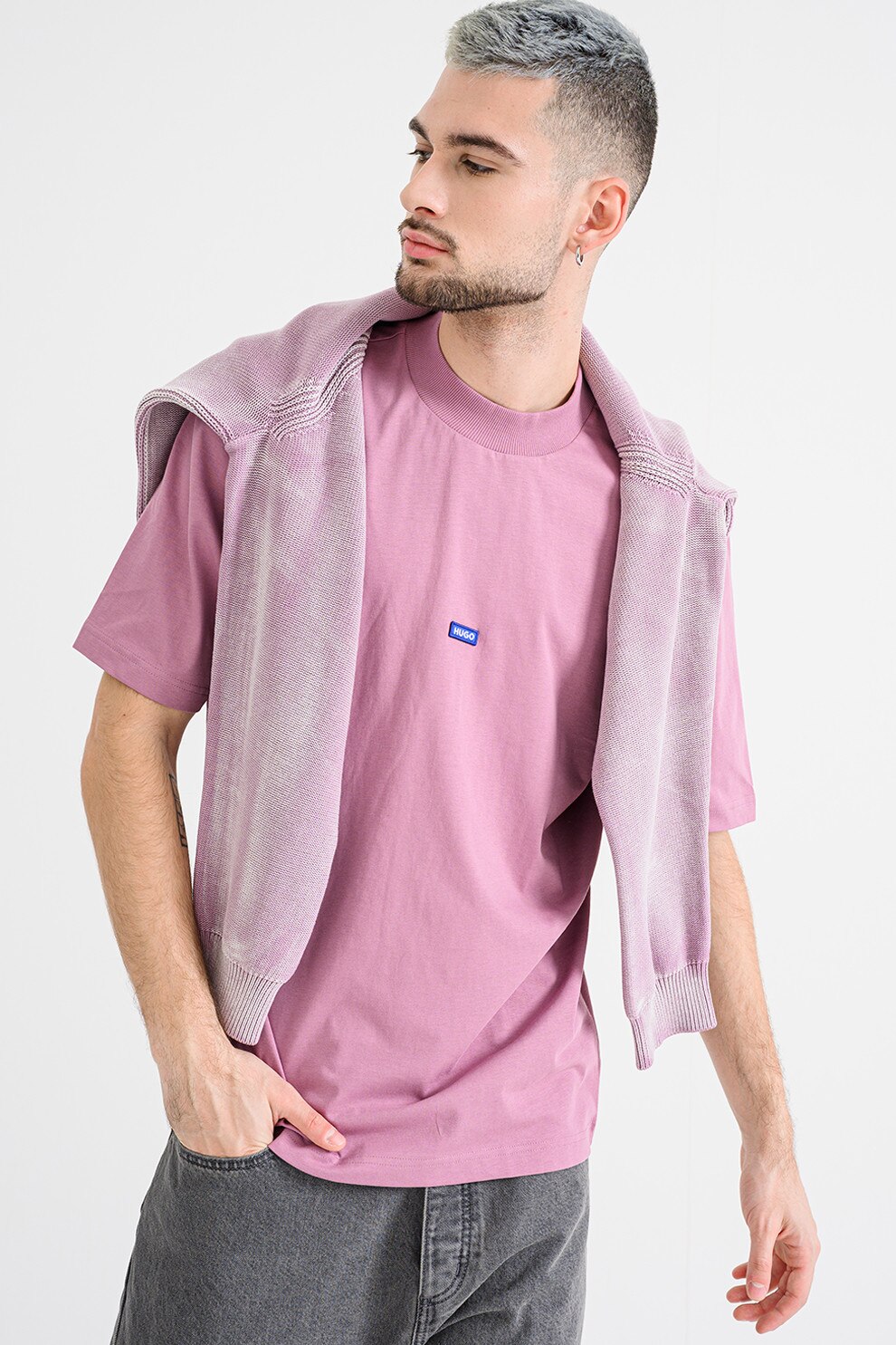 HUGO, Tricou cu decolteu la baza gatului si logo Nieros, Roz deschis, M