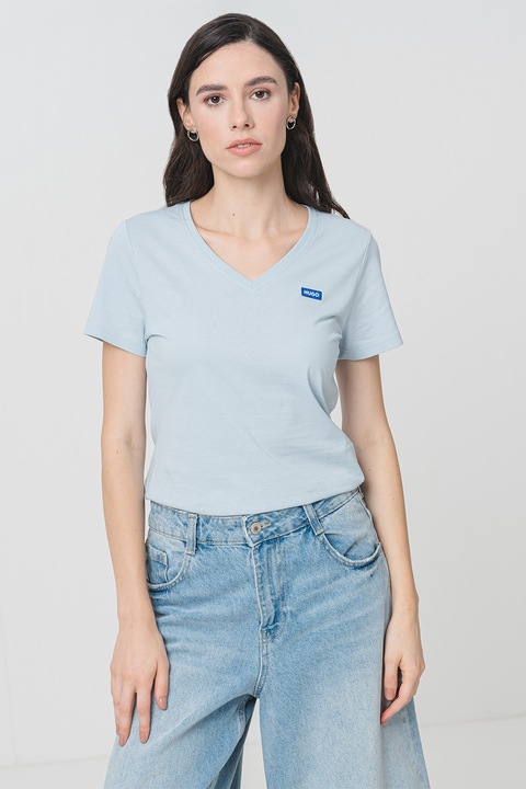 HUGO, Tricou slim fit cu decolteu in V, Albastru glaciar