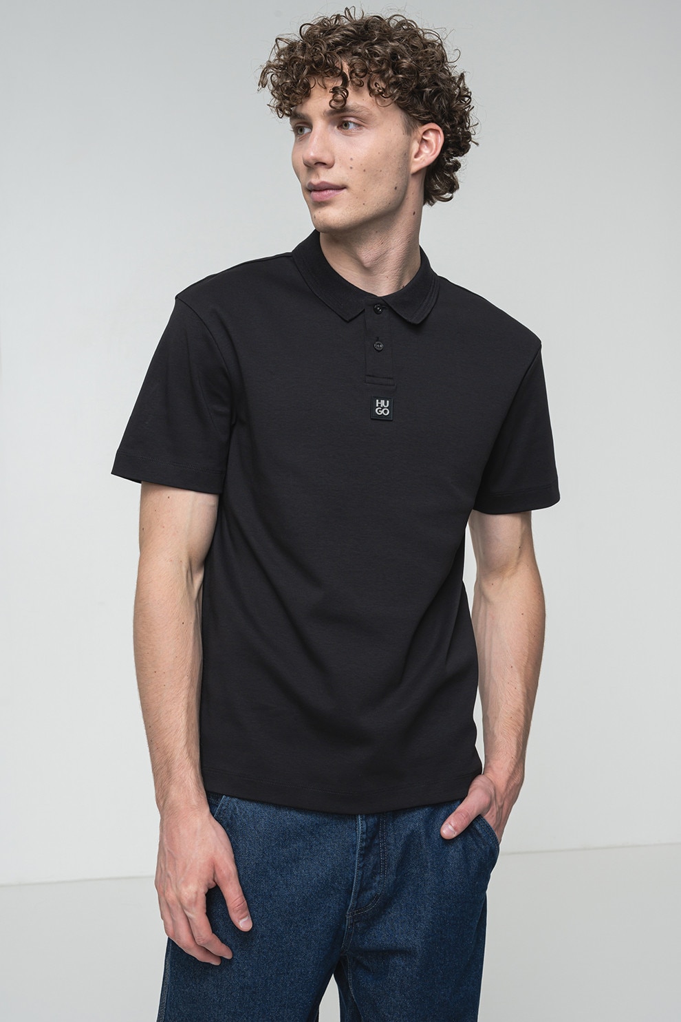 HUGO, Tricou polo regular-fit de bumbac Deabono, Negru stins, XXL
