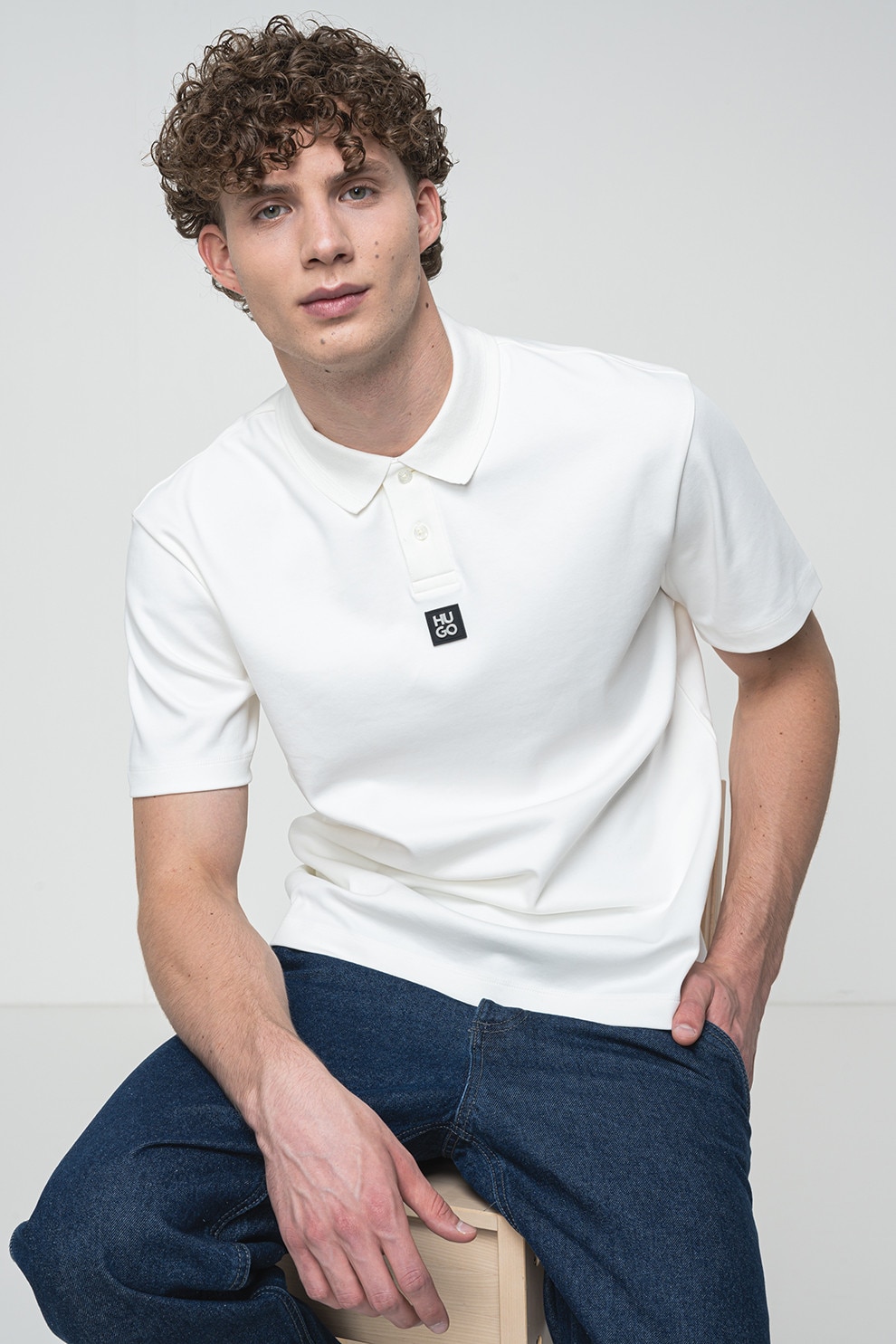 HUGO, Tricou polo regular-fit de bumbac Deabono, Alb optic, M