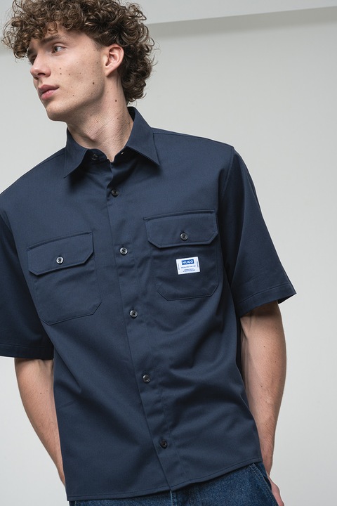 HUGO, Camasa supradimensionata cu maneci scurte, Bleumarin