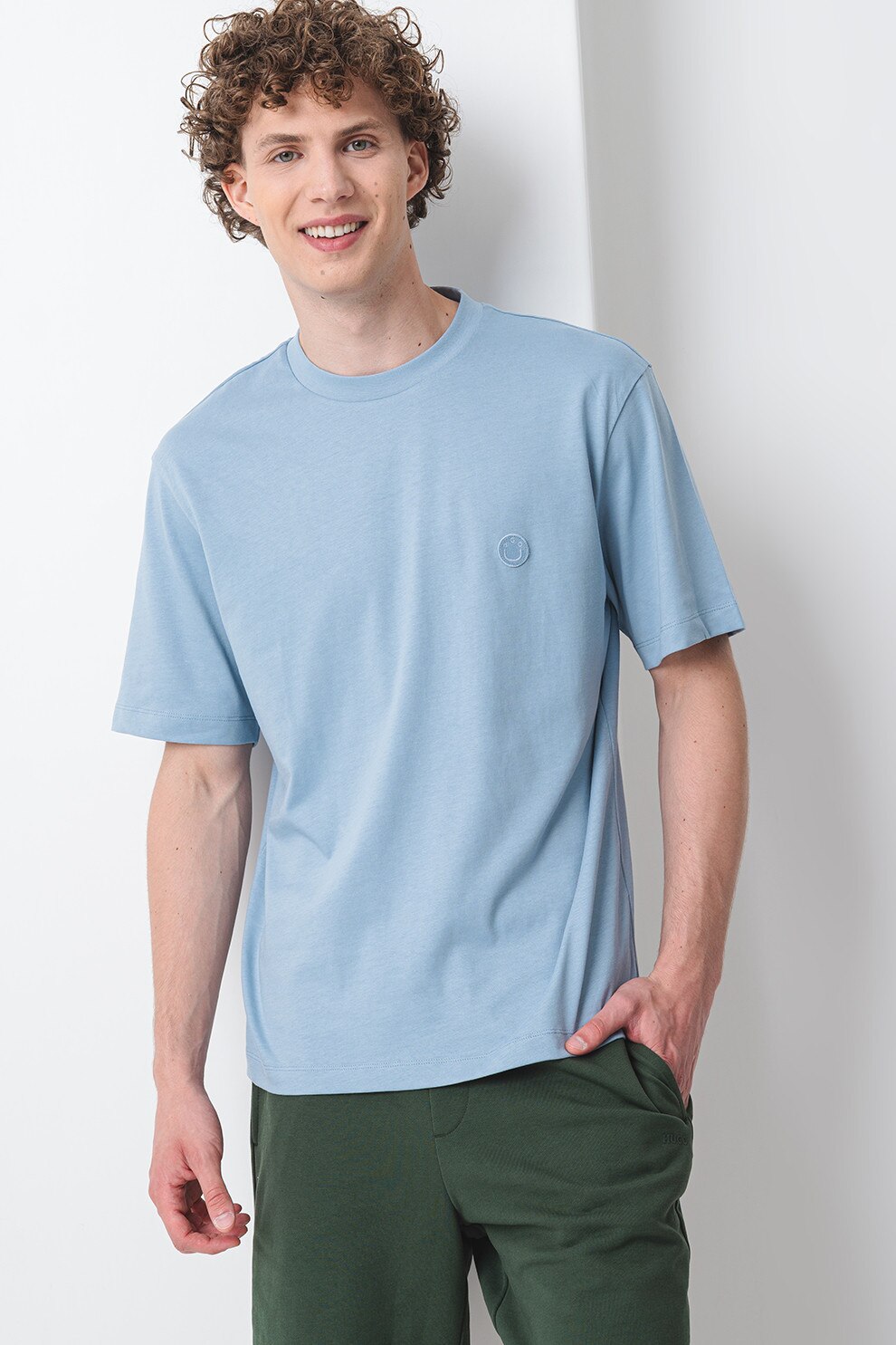 HUGO, Tricou cu decolteu la baza gatului regular fit Niley, Albastru prafuit, L