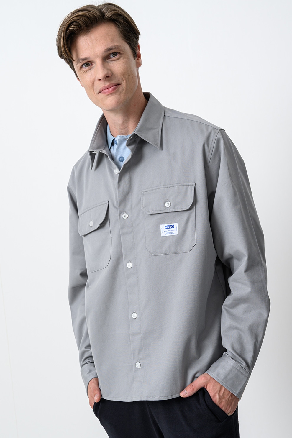HUGO, Camasa cu logo aplicat Ekynone, Gri cenusiu, M
