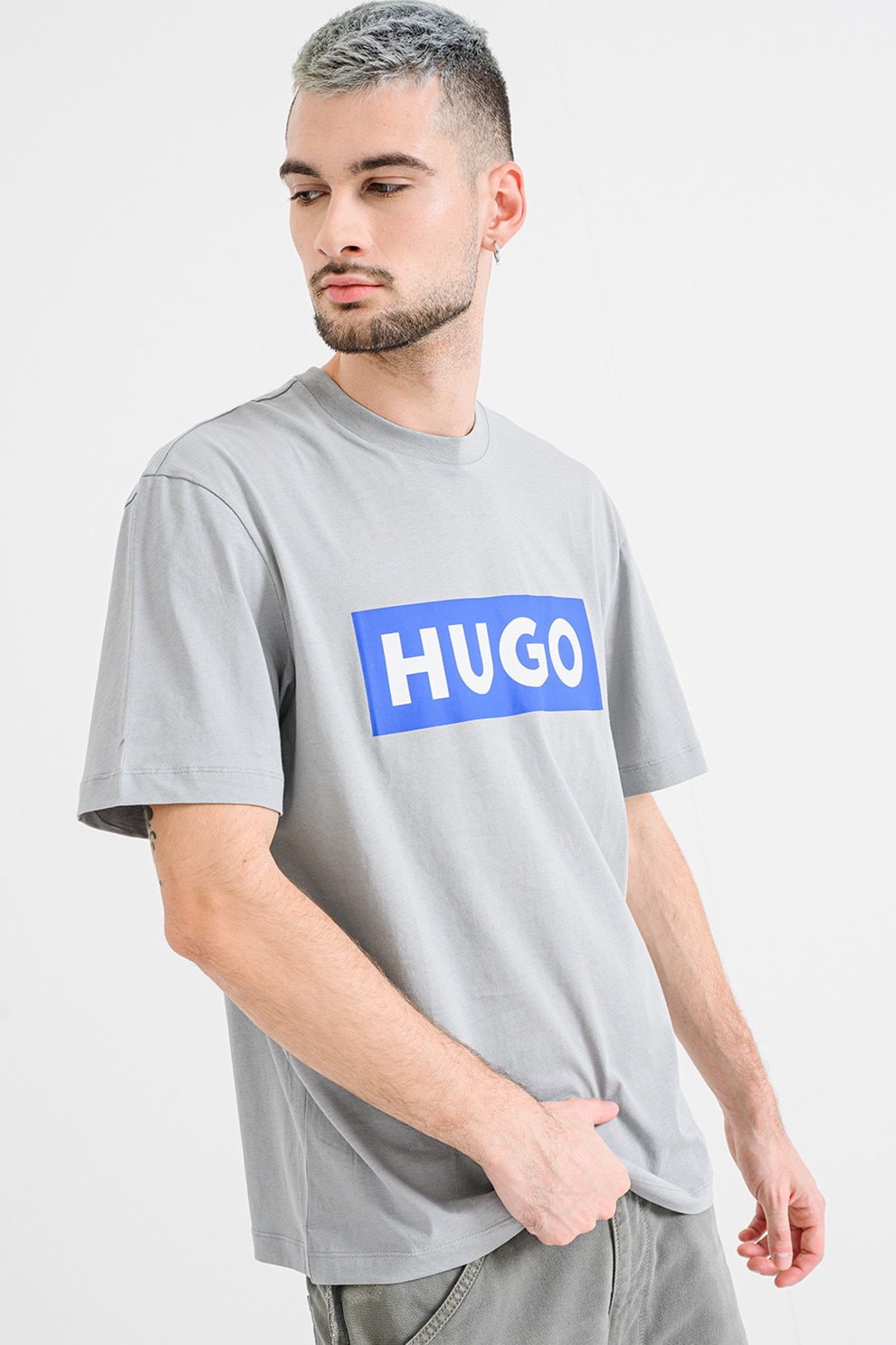 HUGO, Tricou cu decolteu la baza gatului si imprimeu logo Nico, Gri cenusiu, Albastru royal, 2XL