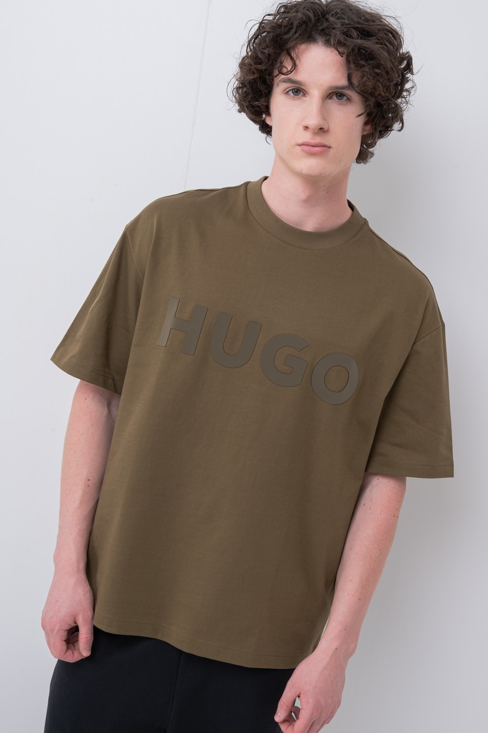 HUGO, Tricou supradimensionat cu decolteu la baza gatului Dinkee, Kaki, XL