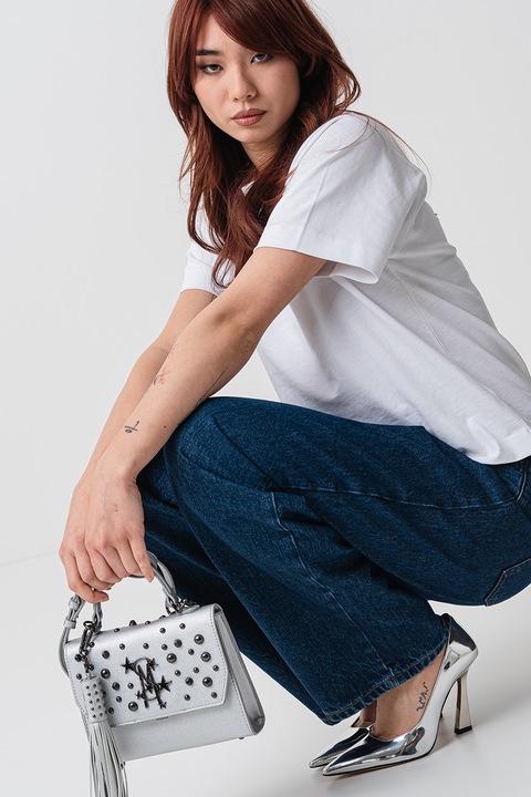HUGO, Blugi relaxed fit cu talie inalta, Albastru inchis