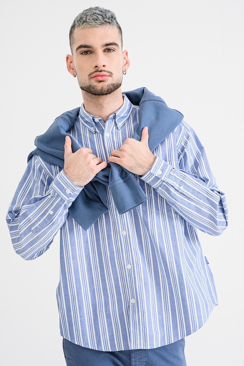 HUGO, Camasa relaxed fit din bumbac cu guler fixat cu nasturi, Alb, Albastru deschis, XL