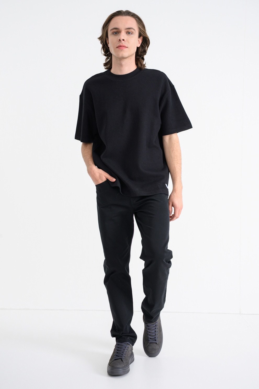HUGO, Tricou striat cu decolteu la baza gatului, Negru, M