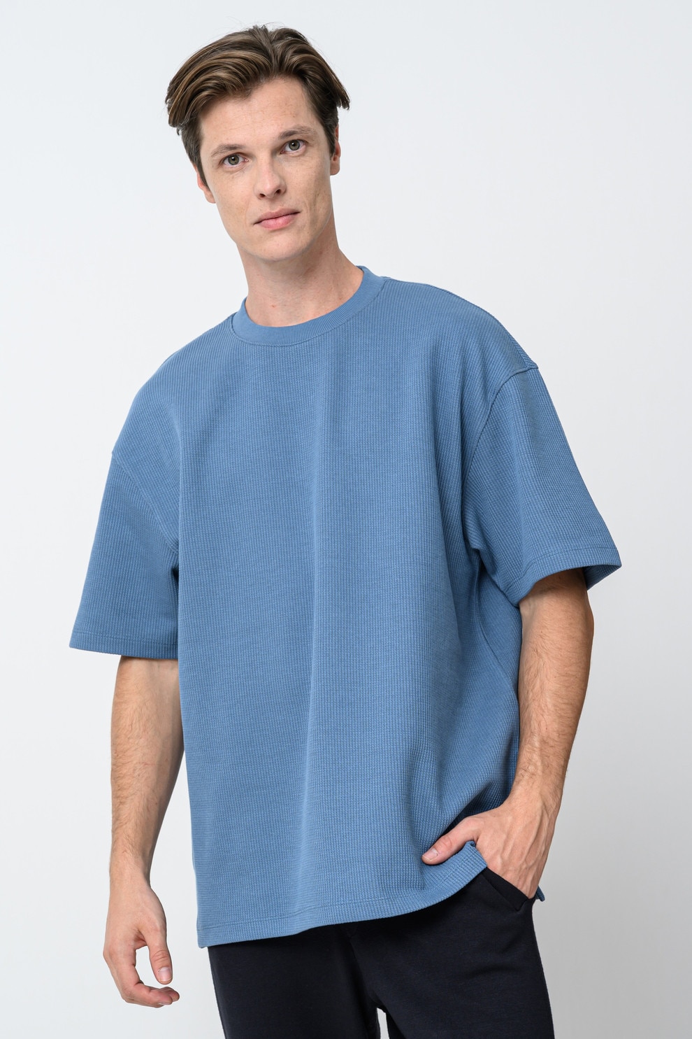 HUGO, Tricou striat cu decolteu la baza gatului, Albastru petrol, S