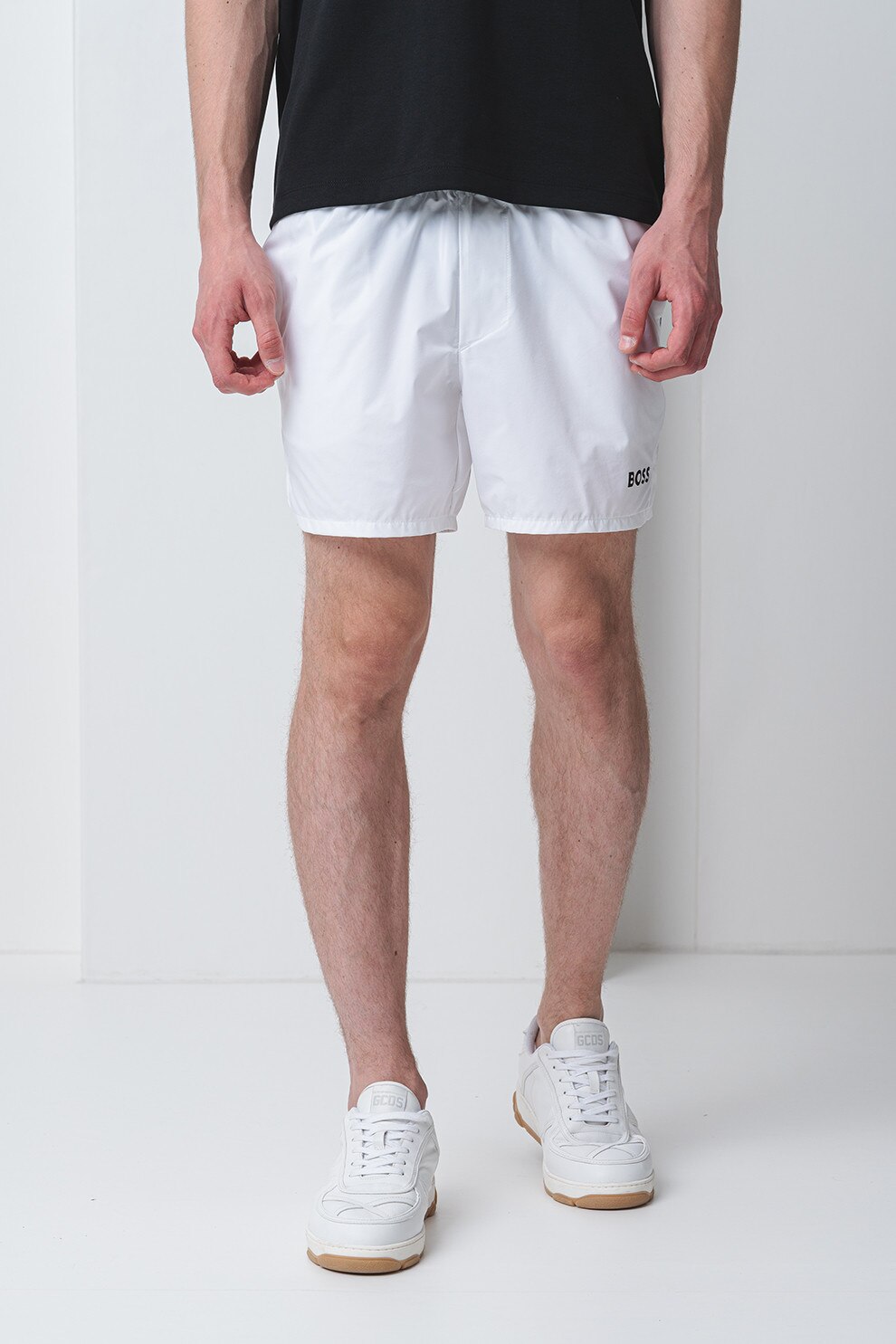 BOSS, Pantaloni scurti uni cu buzunare oblice, Alb, L