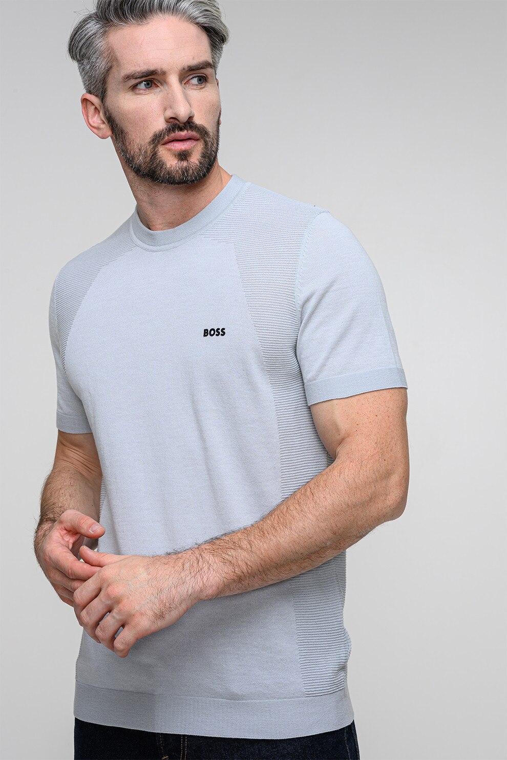 BOSS, Tricou cu decolteu la baza gatului Momentum, Gri cenusiu, M