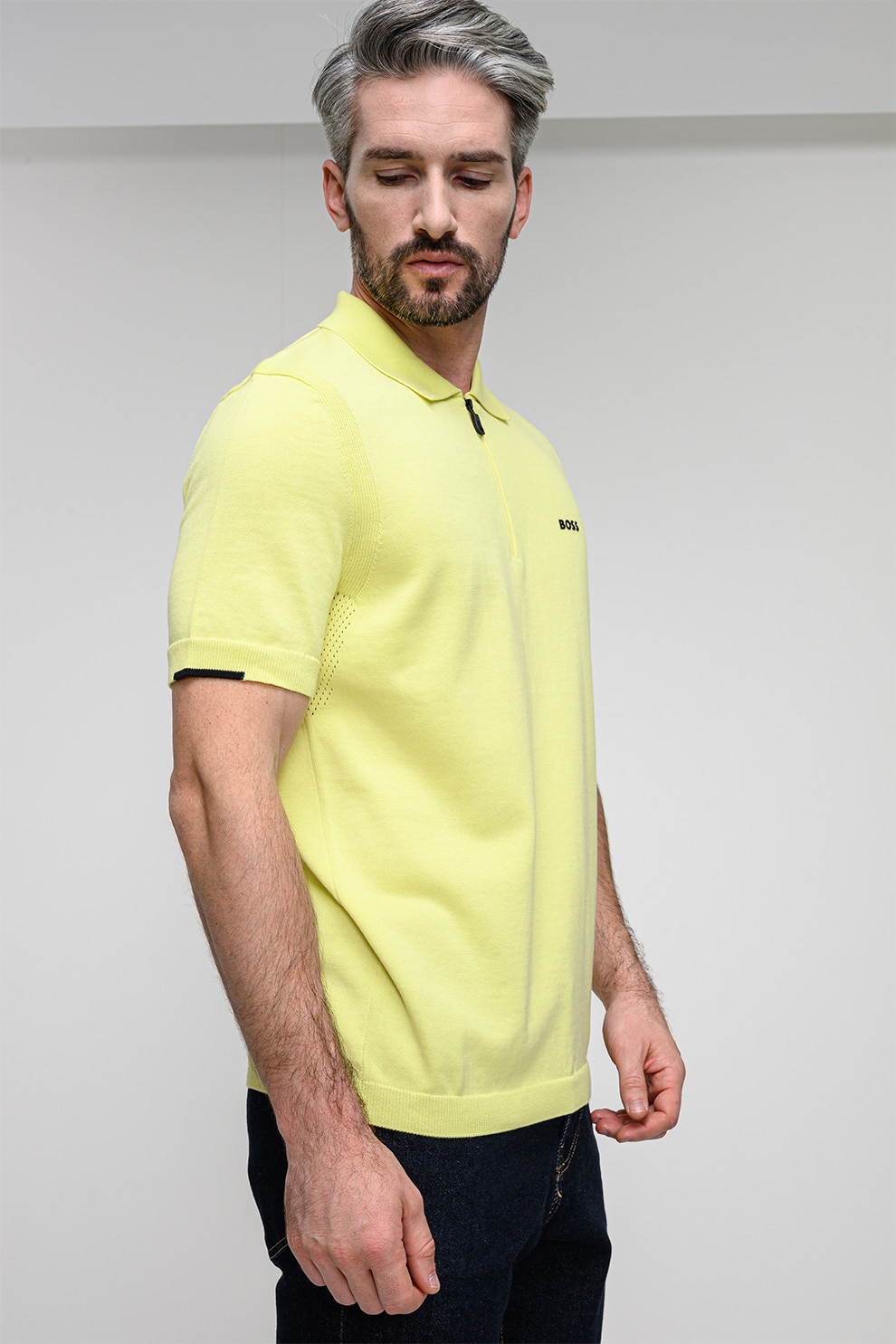 BOSS, Tricou polo din tricot cu fenta cu fermoar, Verde lime, M