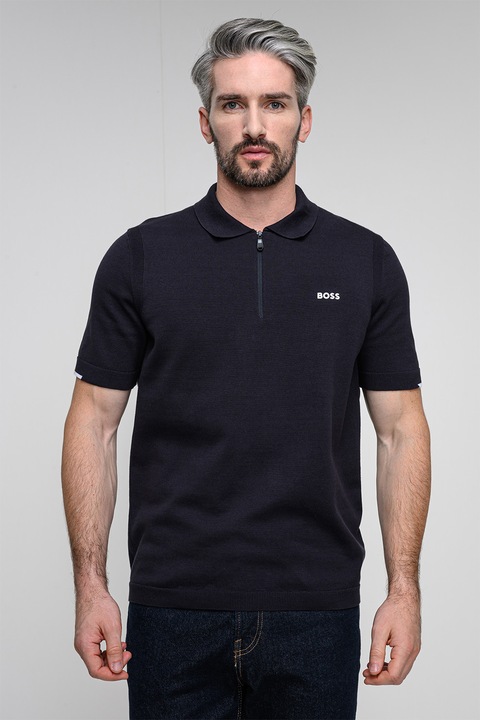 BOSS, Tricou polo din tricot cu fenta cu fermoar, Albastru ultramarin