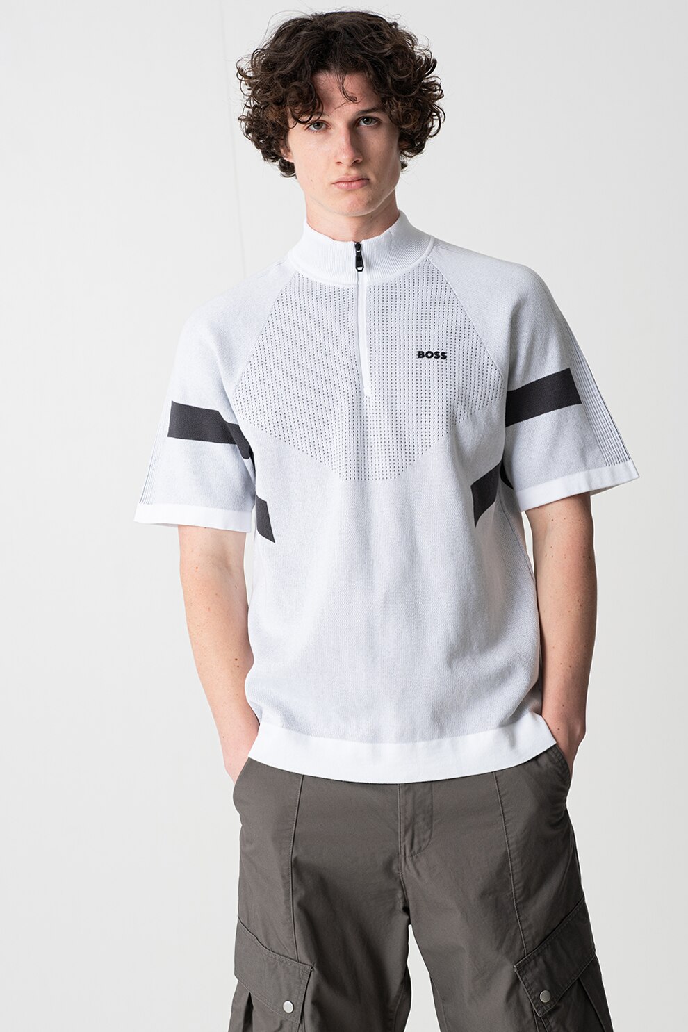 BOSS, Tricou cu fenta cu fermoar, Alb optic, Gri deschis melange, Gri inchis, L