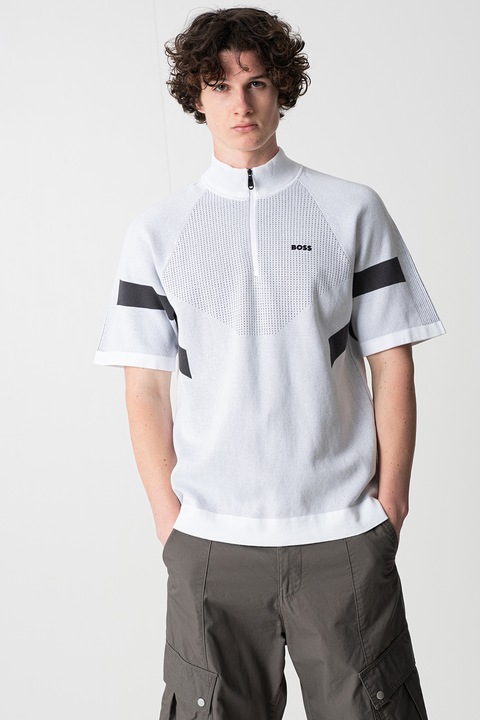 BOSS, Tricou cu fenta cu fermoar, Alb optic/Gri deschis melange/Gri inchis
