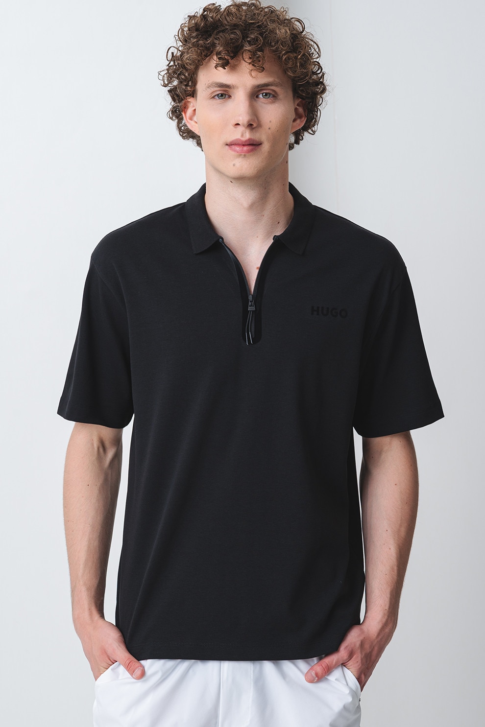 HUGO, Tricou polo din amestec de bumbac, Negru stins, M