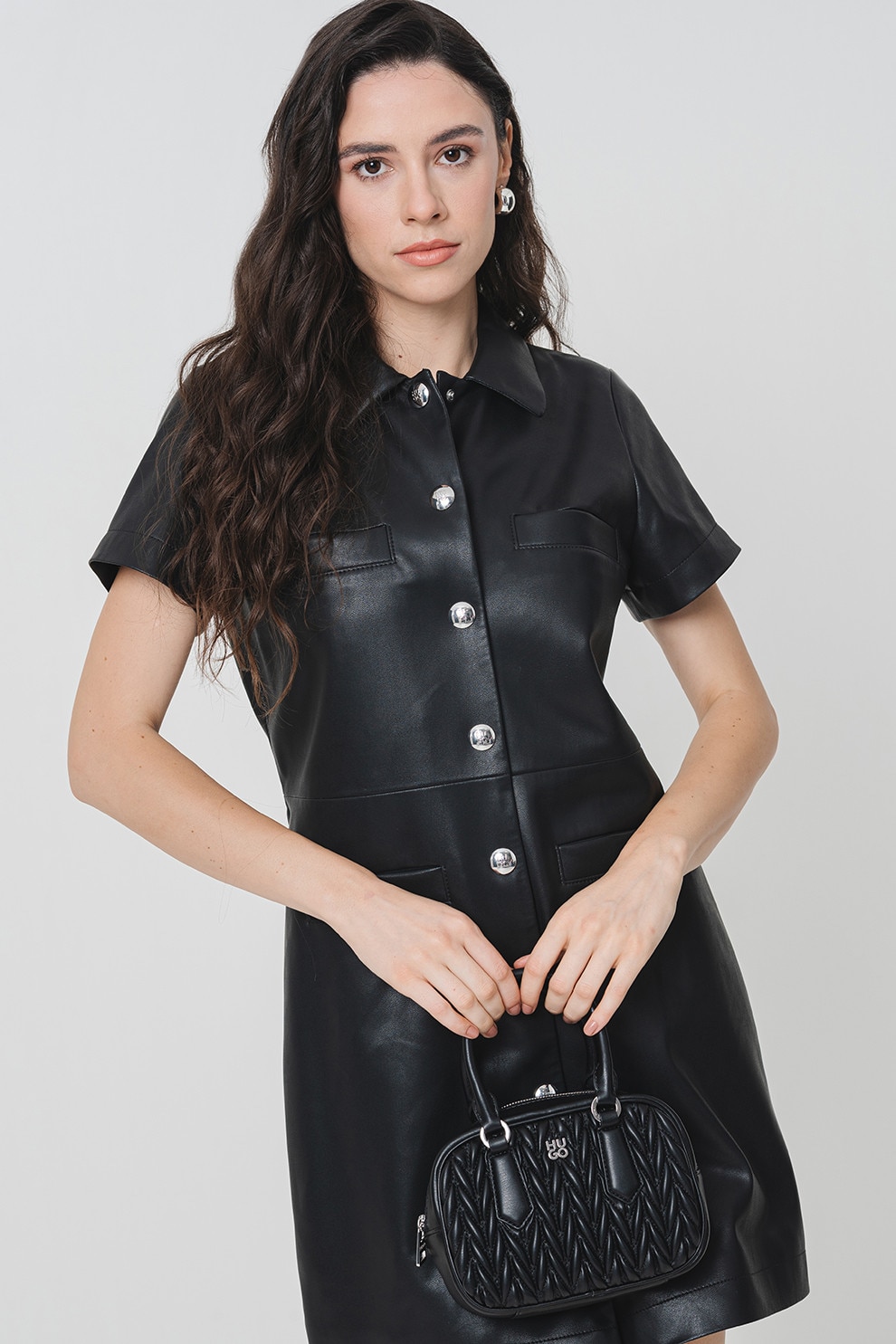 HUGO, Rochie-camasa de piele ecologica, Negru, 36